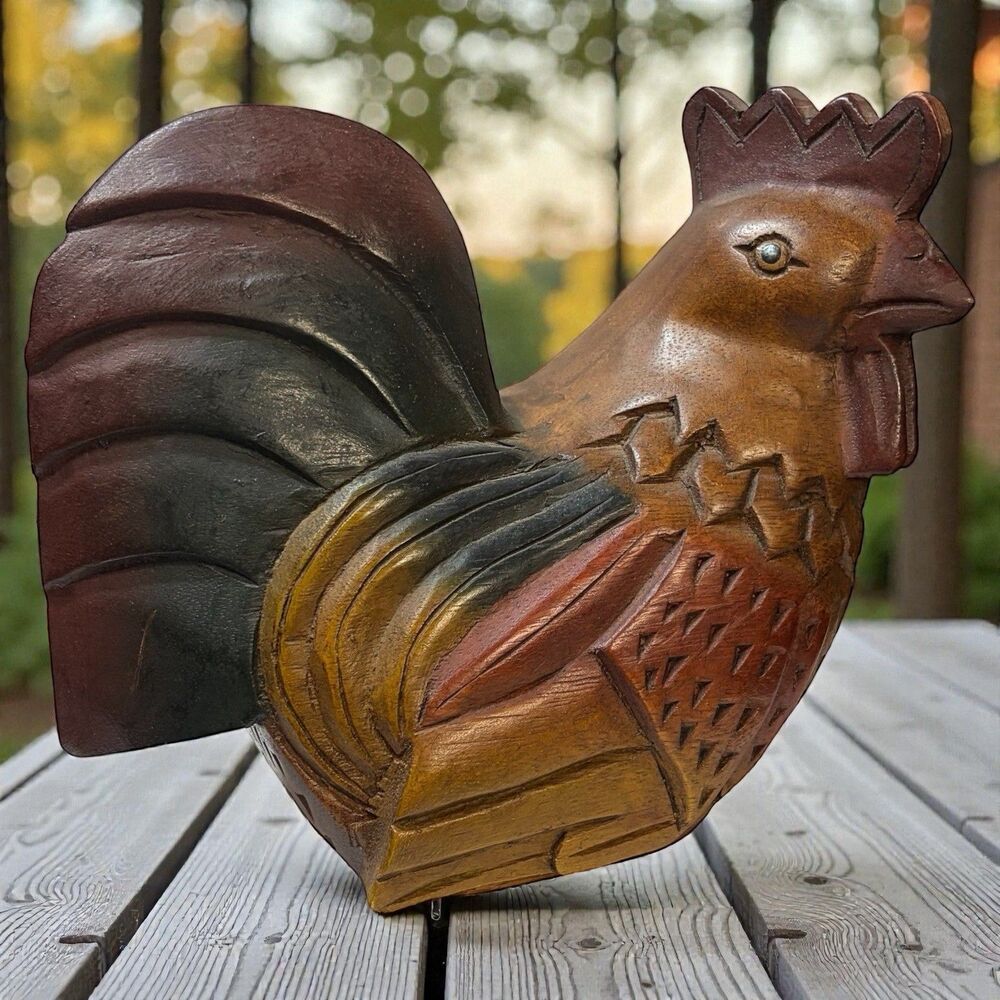 Vintage Wood Sitting Rooster Figurine Folk Art Hand Carved Country Farmhouse